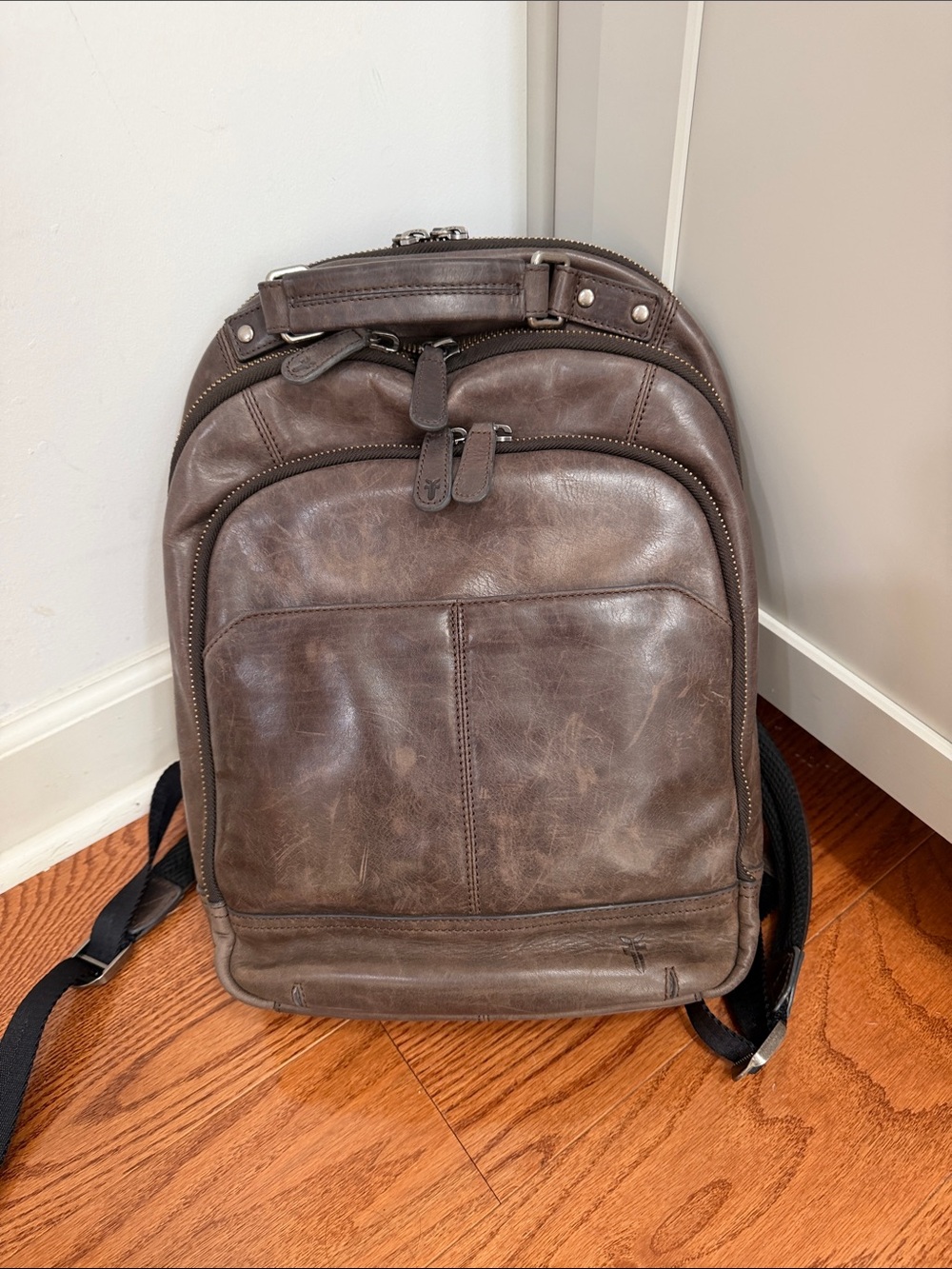 Frye Leather LOGAN MULTI ZIP BACKPACK Luggage Sleeve Slate Dark Brown $478